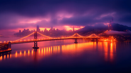 Fototapeta premium Golden Gate Bridge sunrise, city skyline, fog, bay, travel postcard