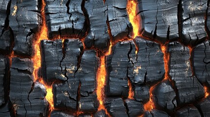 Close-up view of a charred wood surface with glowing cracks revealing orange embers beneath