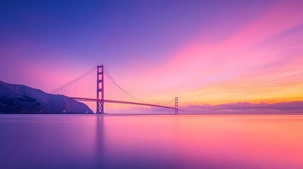 Obraz premium Golden Gate Bridge sunset, San Francisco bay, calm water, vibrant sky, travel postcard