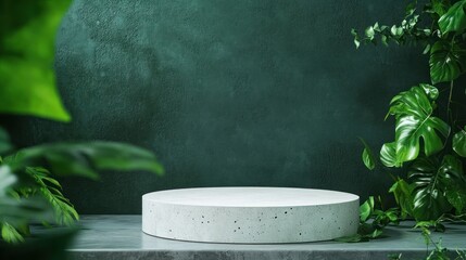 Empty white podium, tropical plants, dark green background, product display, nature