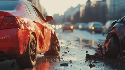 Damaged cars after a winter street accident