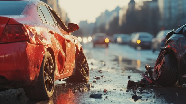 Damaged cars after a winter street accident