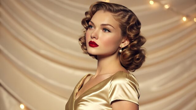 Elegant woman with vintage hairstyle and red lips posing in a glamorous setting