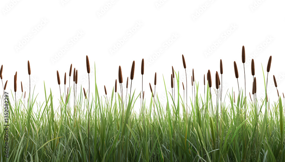 Poster a serene landscape featuring tall green grass and cattails set against a bright white background cre