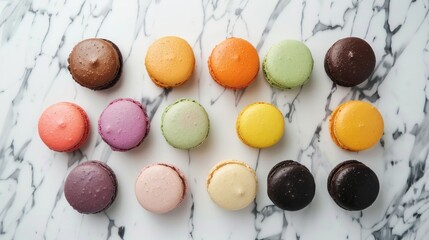 Overhead view of a variety of colorful French macarons arranged on a marble surface.
