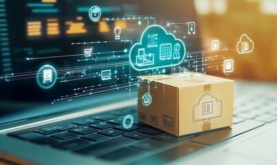 A small cardboard box with a shopping cart icon sits on a laptop keyboard, surrounded by floating blue cloud icons representing various digital