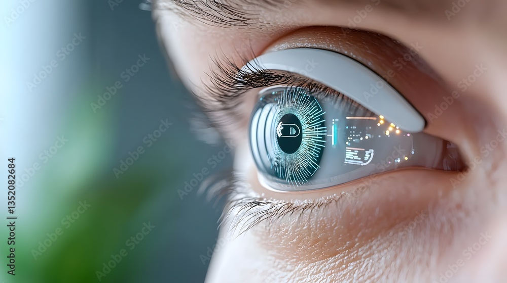 Poster close up side view of a futuristic digital contact with an embedded eye testing chart showcasing the