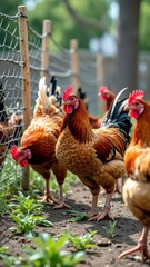 Colorful roosters in farmyard with fenced pathway and greenery
