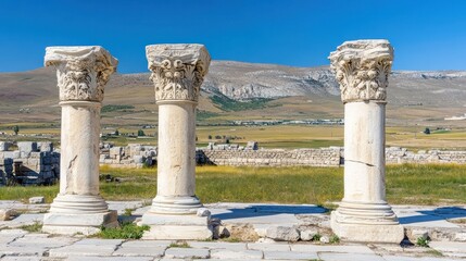 Ancient Roman columns, Anatolian plains background, historical site, travel photography