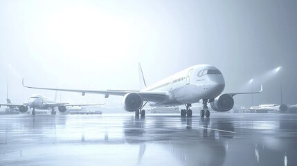 Airplane on a runway during a foggy evening.