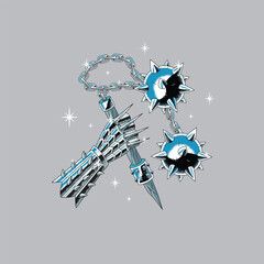 Obraz premium armored hand, holding flail with two balls, in chrome style