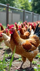 Fototapeta premium Vibrant rooster and chickens in sunny farmyard enclosure