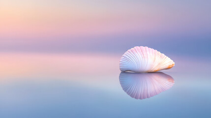 A single elegant seashell, placed on a smooth reflective surface, softly lit to highlight its natural textures