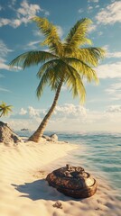 A scenic tropical beach features sand palm trees and the sea
