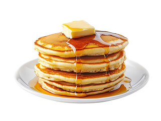 Fluffy pancakes with golden edges topped with melting butter and rich maple syrup isolated on transparent background