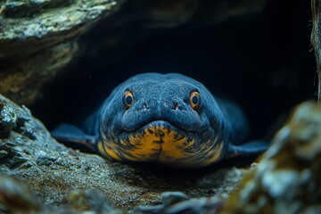 An electric eel rests quietly in a rocky underwater cave, displaying its striking colors and curious expression in a natural freshwater environment Generative AI