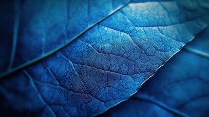 Fototapeta premium Close-up blue leaf texture, veins detailed, dark background, nature backdrop