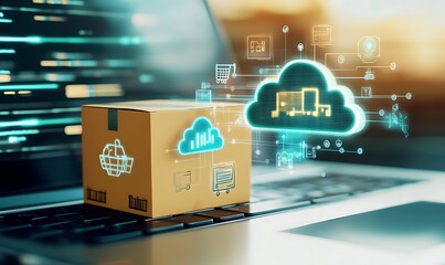 A small cardboard box with a shopping cart icon sits on a laptop keyboard, surrounded by floating blue cloud icons representing various digital