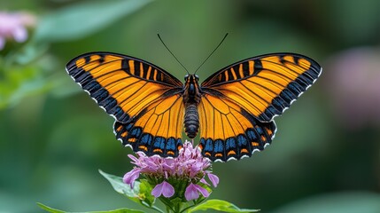 An orange butterfly with patterned wings, antennae, and vibrant petals floats in nature, near a blossoming flower, a beautiful insect.