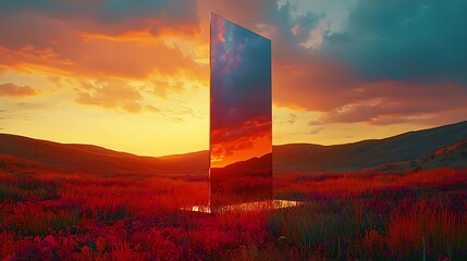 Sunset reflected in a tall, mirror-like monolith standing in a red field.