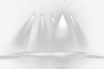 Four stage spotlights illuminate empty stage.
