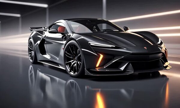 Futuristic Supercar: A sleek, black supercar showcasing innovative design and state-of-the-art technology, the car gleams with an aura of speed, power, and sophistication in a studio setting.