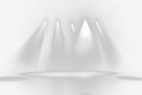 Four stage spotlights illuminate empty stage.