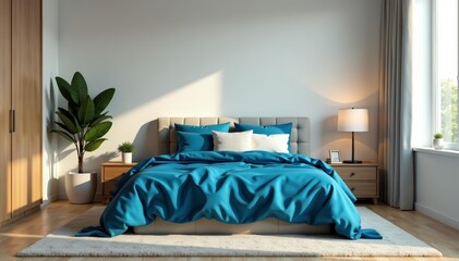 Stylish bedroom with neutral tones and bold blue bedspread, clean lines, relaxation, cozy
