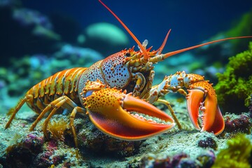 Brightly colored lobster sits on the ocean floor, its large claws prominent among coral and various marine plants, showcasing underwater beauty Generative AI