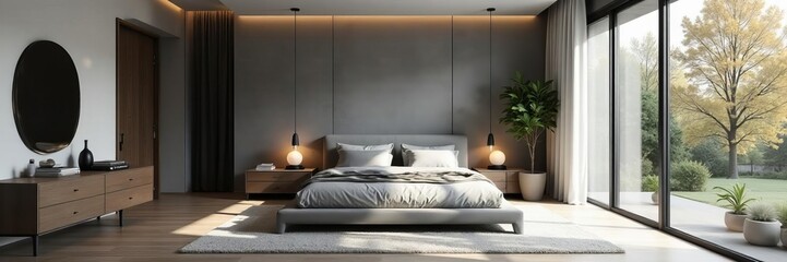 Stylish master bedroom with gray color scheme and glass elements, decor, neutral, relaxation