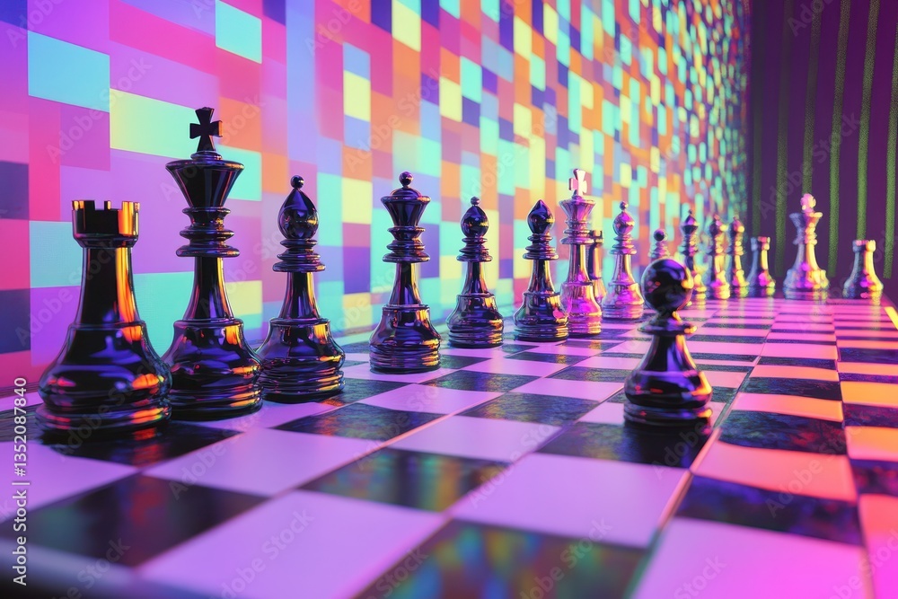Poster a chessboard displaying chess pieces with a colorful background scene