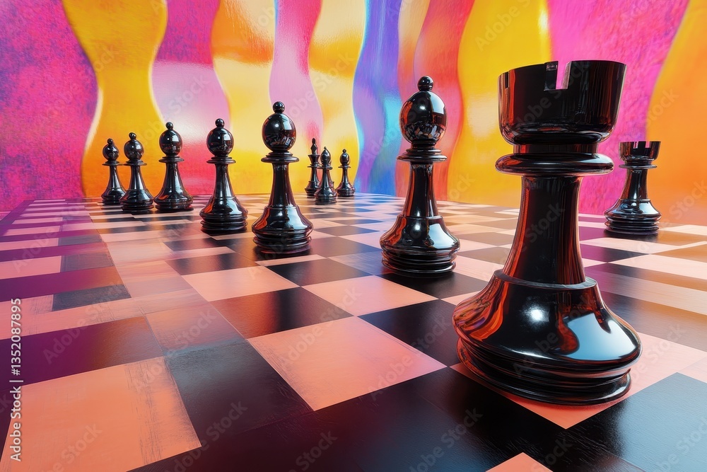 Poster a chess game setup with a black side of pieces