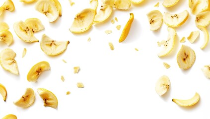 Dehydrated banana slices scattered on white background.  Golden yellow, thin, crispy, fruit chips, healthy snack