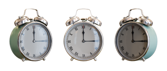 Vintage Alarm Clocks from Various Angles on Transparent Background.