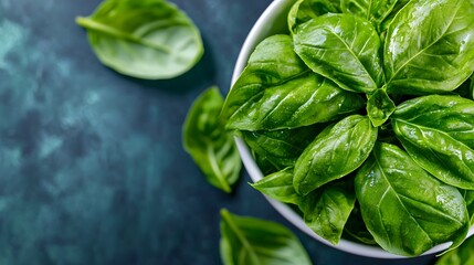 Fototapeta premium Elegant Top Down View of Lush Basil Leaves Highlighting Their Rich Color and Smooth Texture in a Simple White Dish