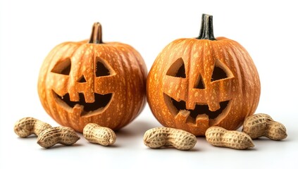 Two small carved jack-o'-lanterns,  orange pumpkins,  Halloween decorations, with peanuts