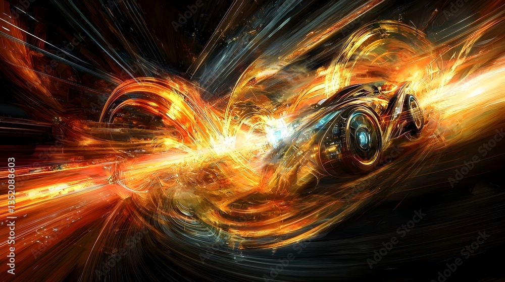 Poster flowing energy and power surging into a high tech futuristic vehicle representation in dynamic abstr