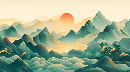 Mountain and sea sunrise oriental artistic conception