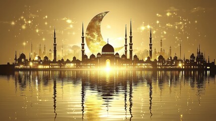 Fototapeta premium Golden Cityscape at Night: Ramadan Celebration