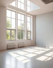 Obraz premium Empty room, large windows, sunlight streaming in, airy, house