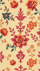 Faded floral damask wallpaper, distressed texture, cream, beige, damask