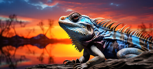 an extremely detailed study of a chrome lizard standing in a psychedelic landscape, ai generative