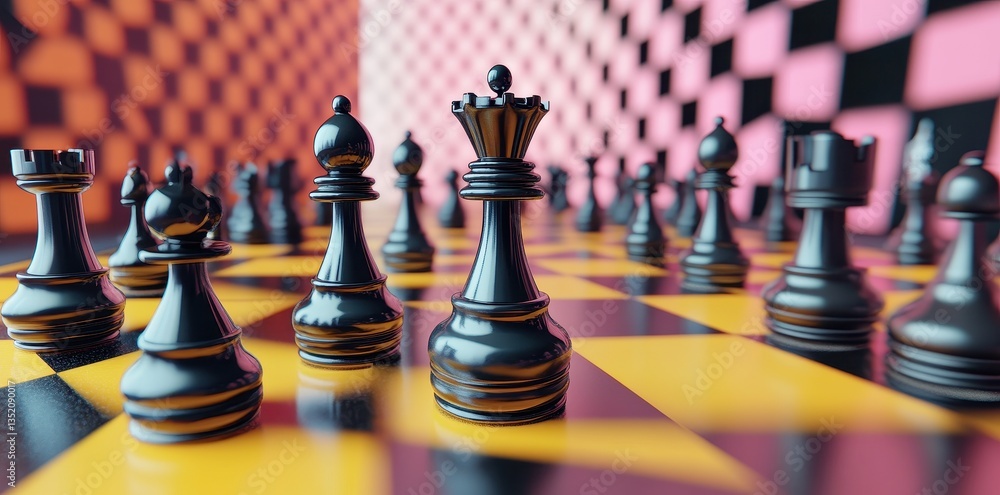 Poster a closeup view of a chess game on a colorful board