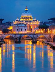 Fototapeta premium Illuminated St. Peter's Basilica at Dusk Overlooking the Tiber River in Rome, Italy