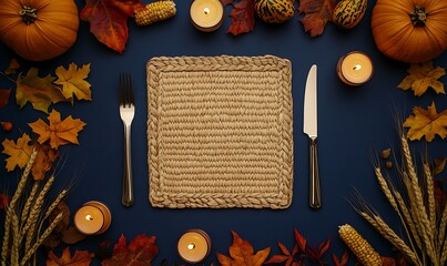 A cozy autumn-themed flat lay featuring small pumpkins, wheat stalks, colorful dried leaves, a woven straw placemat, a candle, and cutlery