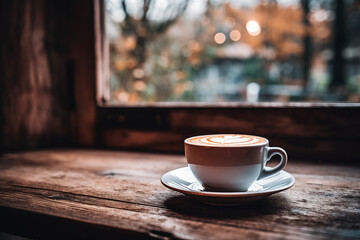 Obraz premium Cup of coffee on a rustic wooden windowsill