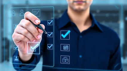 Businessman pressing a virtual touch screen button