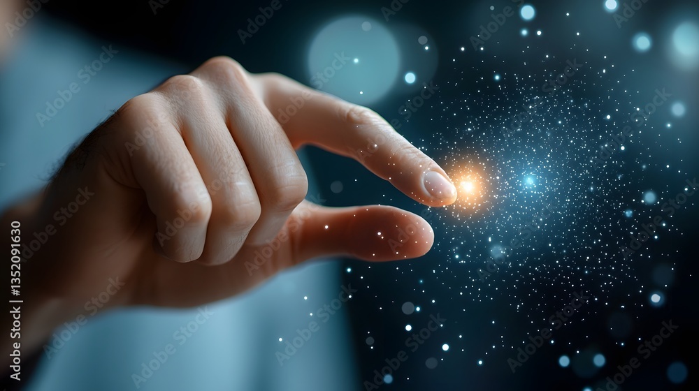 Poster futuristic holographic networking interface with human hand selecting a glowing digital profile agai