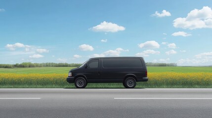 Fototapeta premium Black Van on a Sunny Roadside in Springtime
