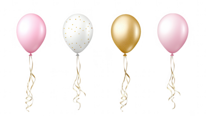 four balloons in pastel colors including pink and gold with one white balloon adorned with gold polka dots they are suspended with golden ribbons creating a festive and celebratory atmosphere